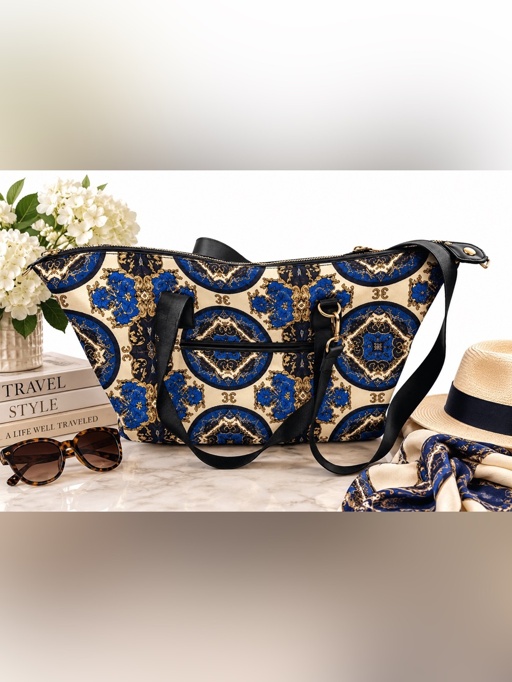 Alice+Olivia Regal Romance weekender bag. Patterned Tote Bag in Blue and Gold